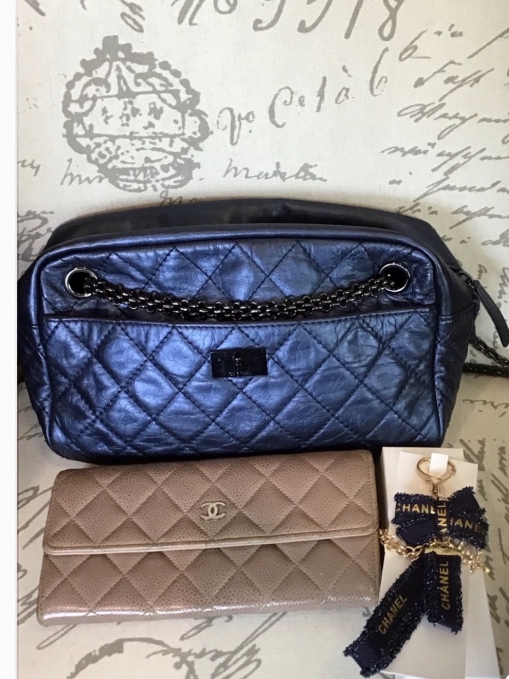CHANEL Quilted Metallic Navy-Black Chain Shoulder Bag